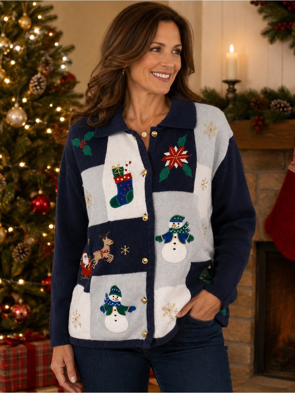 Crystal-Kobe Christmas Sweater Cardigan Size XL Patchwork Embroidered
